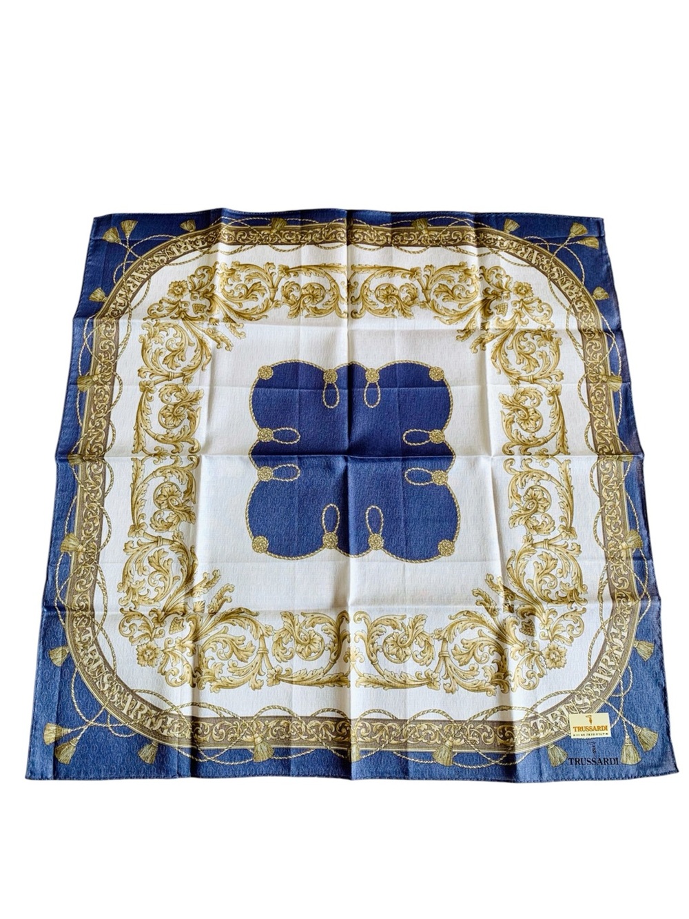 NWT TRUSSARDI Vintage Cotton Handkerchief 19” Blue Gold Baroque Made in Japan